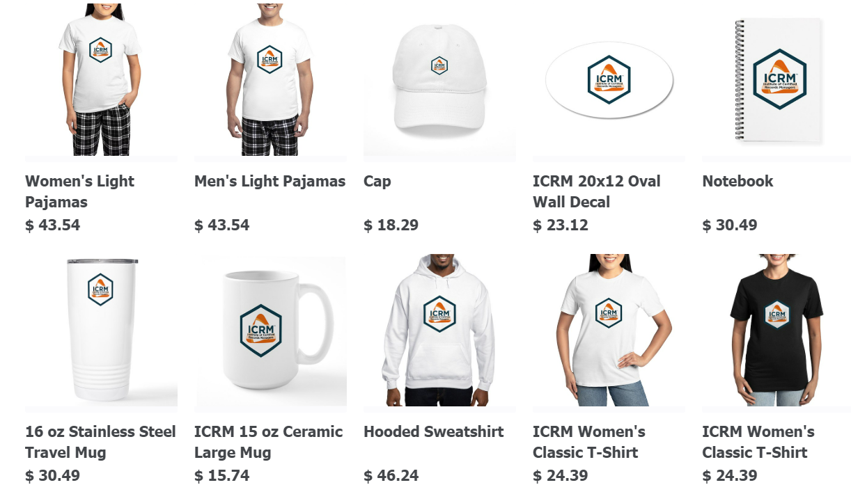 Some ICRM souvenirs such as t-shirts, hoodies, pajamas, caps, decals, mugs and notebooks available at https://www.cafepress.com/shop/ICRMShop/products?designId=113656043